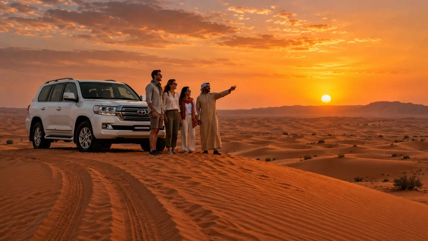 Tourists and safari guide beside a Land Cruiser at sunset in the Dubai red dunes