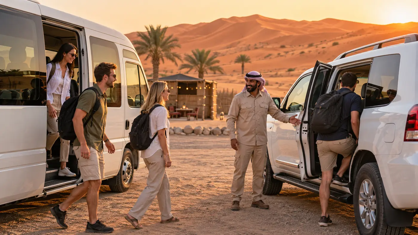 Travellers transferring from a shared pickup van to a Dubai desert safari Land Cruiser