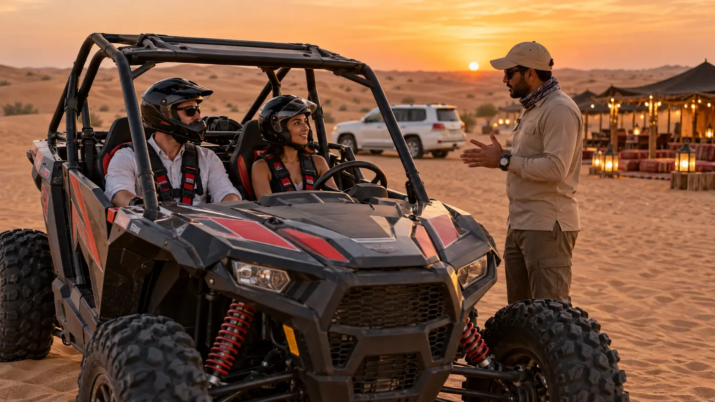 Two guests receiving a dune-buggy safety briefing beside a Dubai desert camp at sunset