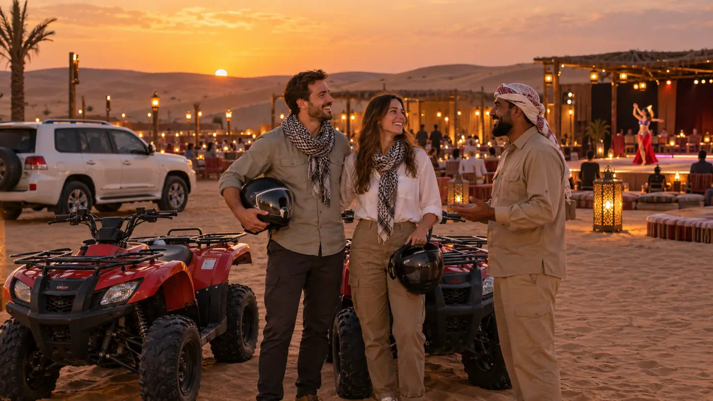Couple and safari guide beside quad bikes at a lantern-lit Dubai desert camp at sunset