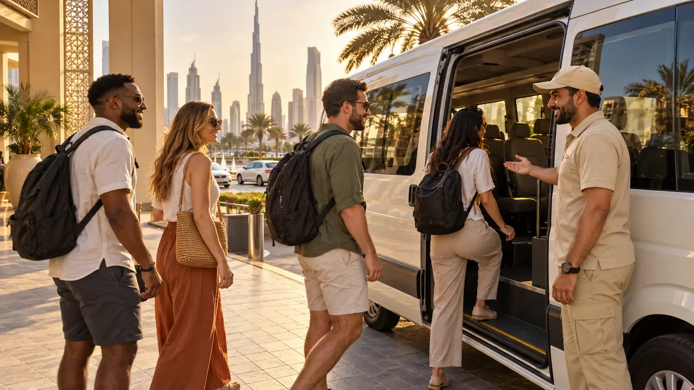 Travellers boarding a shared desert safari transfer vehicle at a central Dubai pickup point