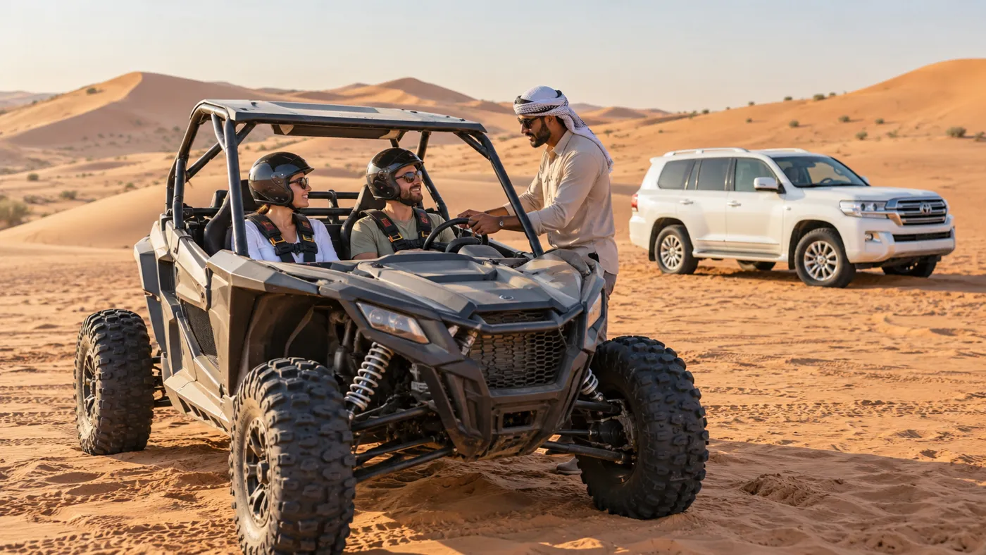 Couple preparing for a two-seater Dubai dune buggy safari