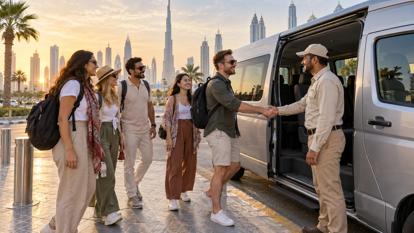 Small group welcomed by a guide beside a desert safari transfer vehicle in Dubai