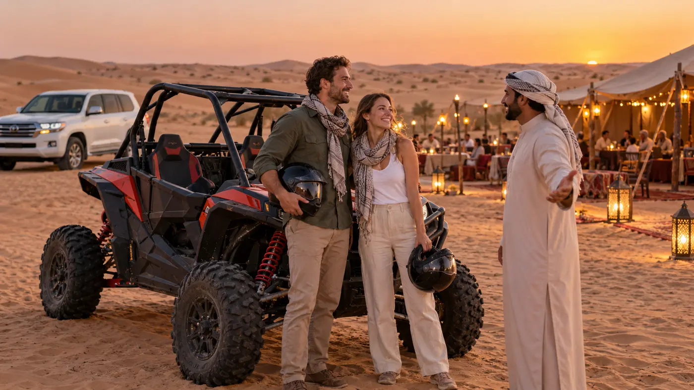 Couple standing beside a dune buggy and safari guide near a Dubai desert camp