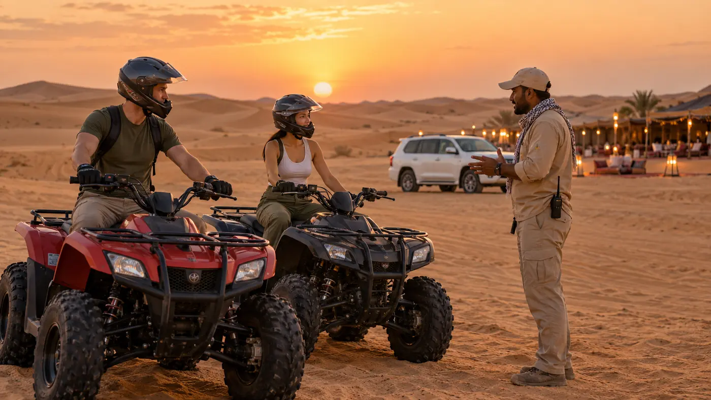Couple receiving an evening quad-bike safety briefing beside a Dubai desert camp