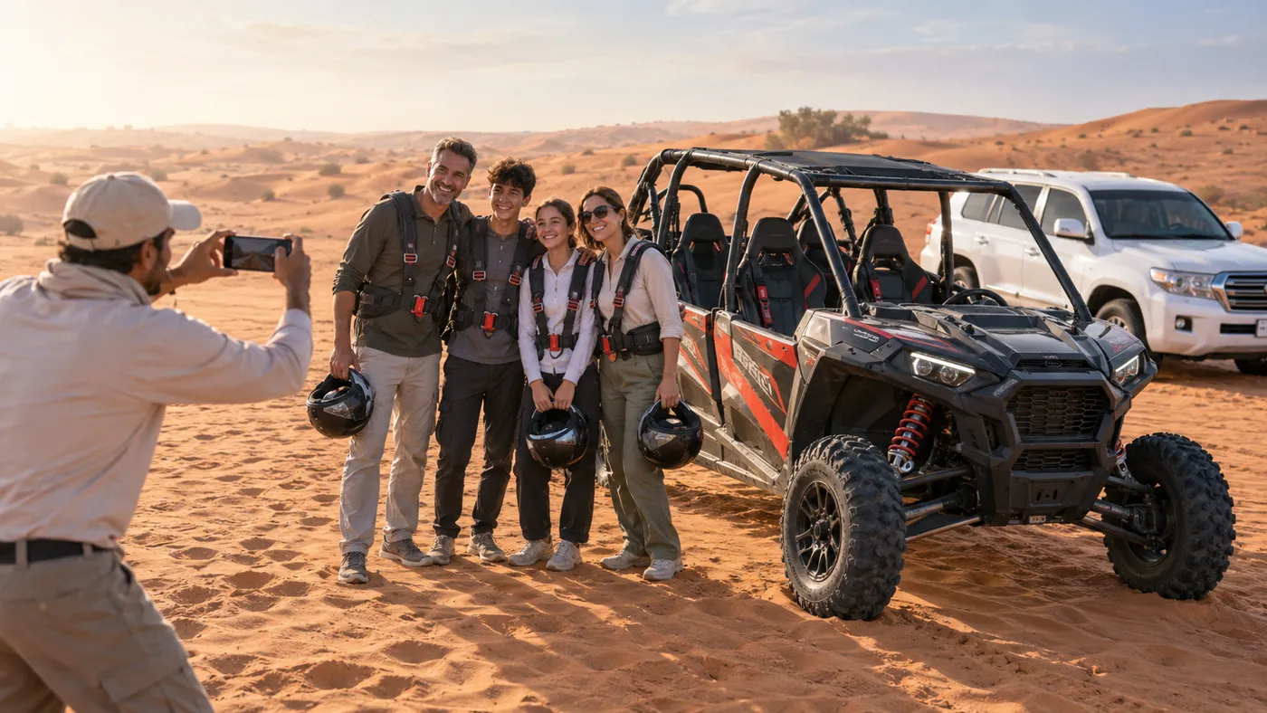 Family enjoying a group dune buggy safari in Dubai