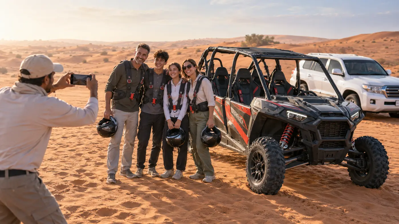 Family of four posing beside a four-seat dune buggy and private Land Cruiser in Dubai