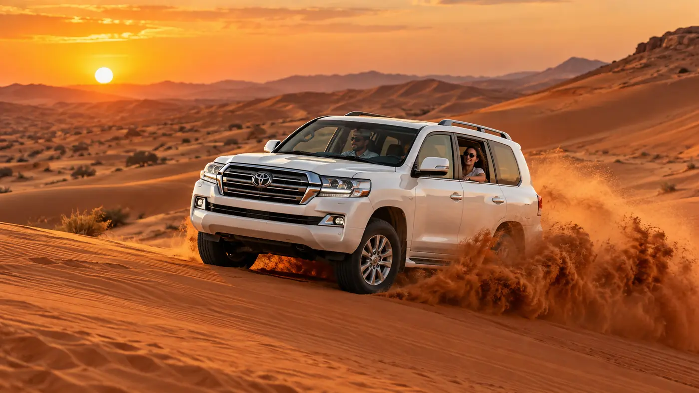 Land Cruiser dune bashing across Dubai desert dunes Land Cruiser dune bashing across Dubai desert dunes