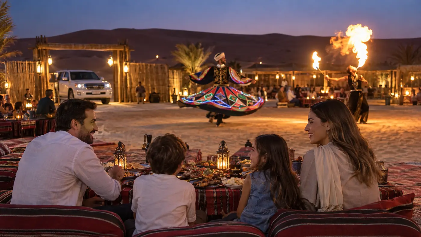 Family enjoying BBQ dinner while watching Tanoura and fire shows at a Dubai desert camp