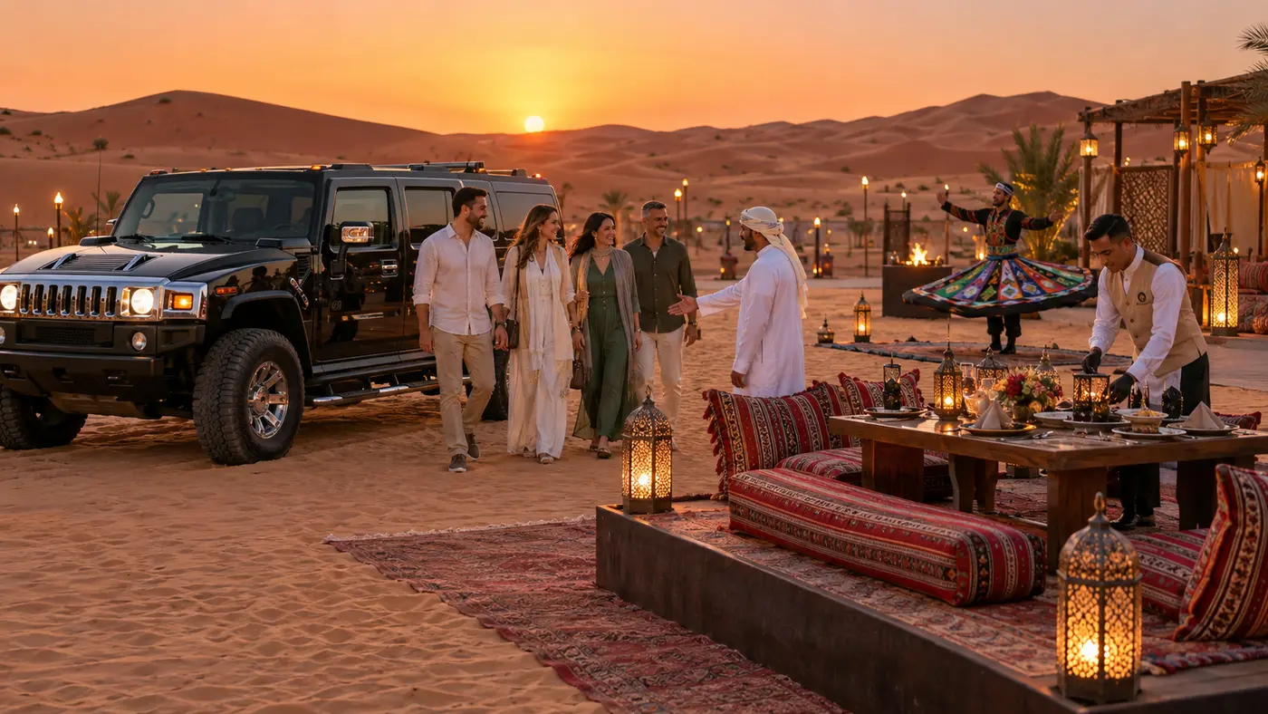 Private group arriving by black Hummer for VIP seating and a Tanoura show at sunset