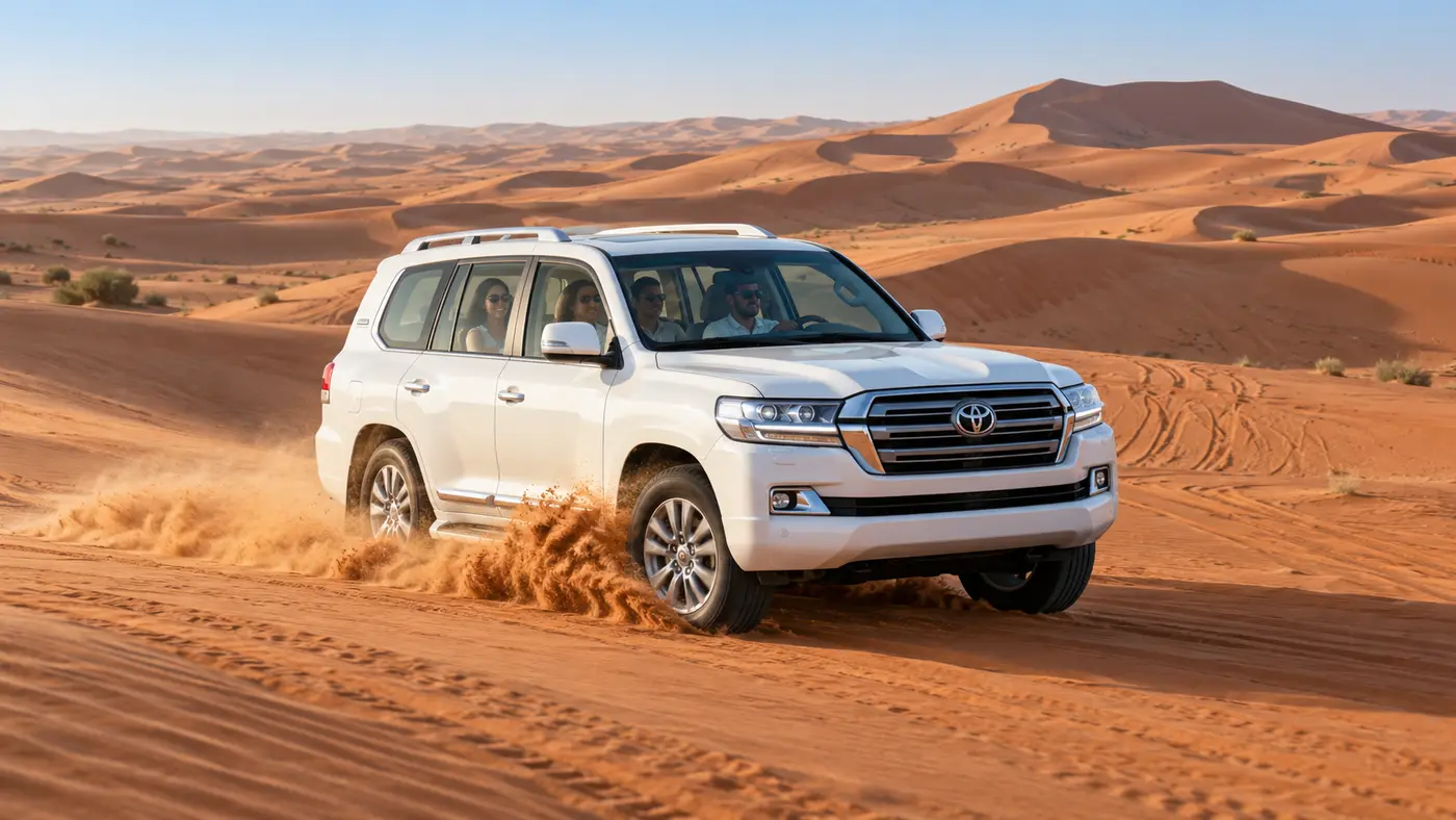 White Land Cruiser carrying a private group across Dubai desert dunes in morning light