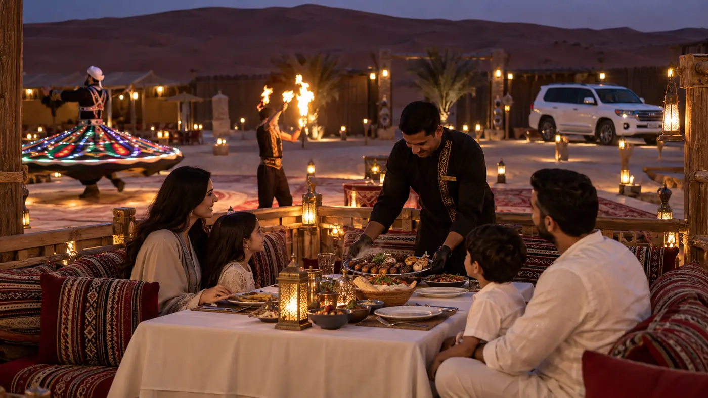 Family receiving table-service BBQ while watching Tanoura and fire shows at a Dubai camp