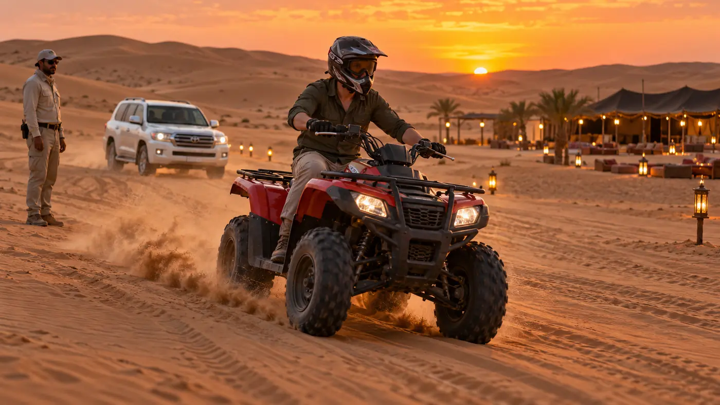 Helmeted guest riding a quad bike near a Dubai desert camp at sunset