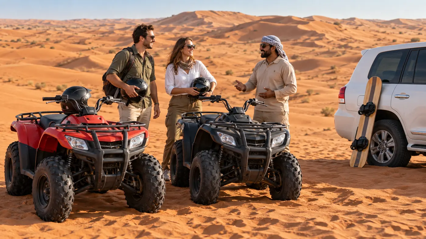 Couple and safari guide beside quad bikes and a sandboard in the Dubai red dunes
