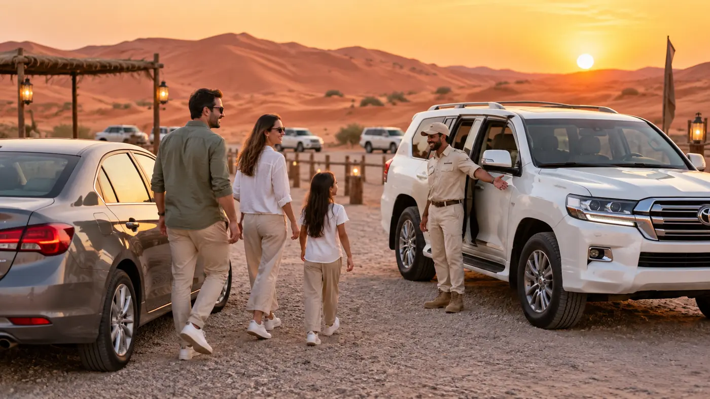 Guests and safari guides standing beside a small vehicle convoy in the Dubai desert