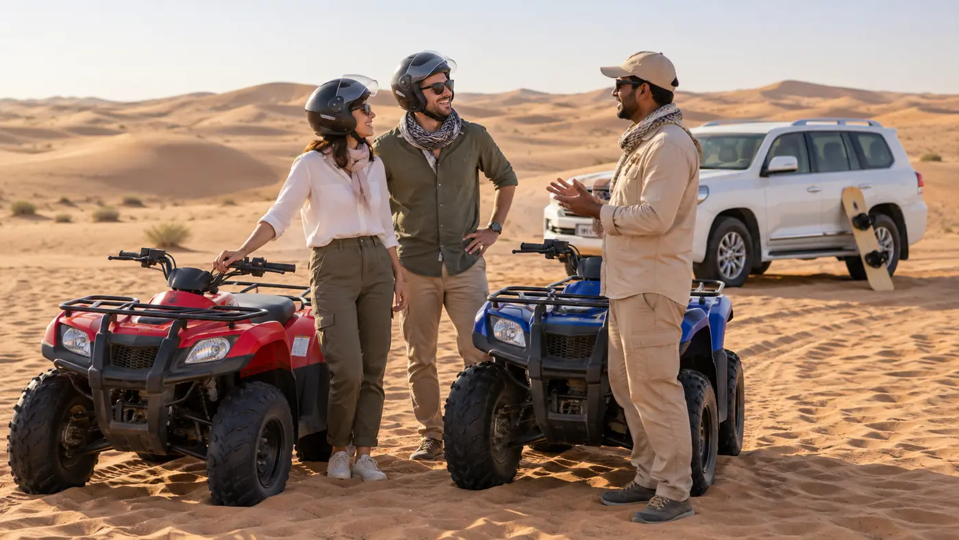 Couple and safari guide beside quad bikes during a Dubai morning desert safari