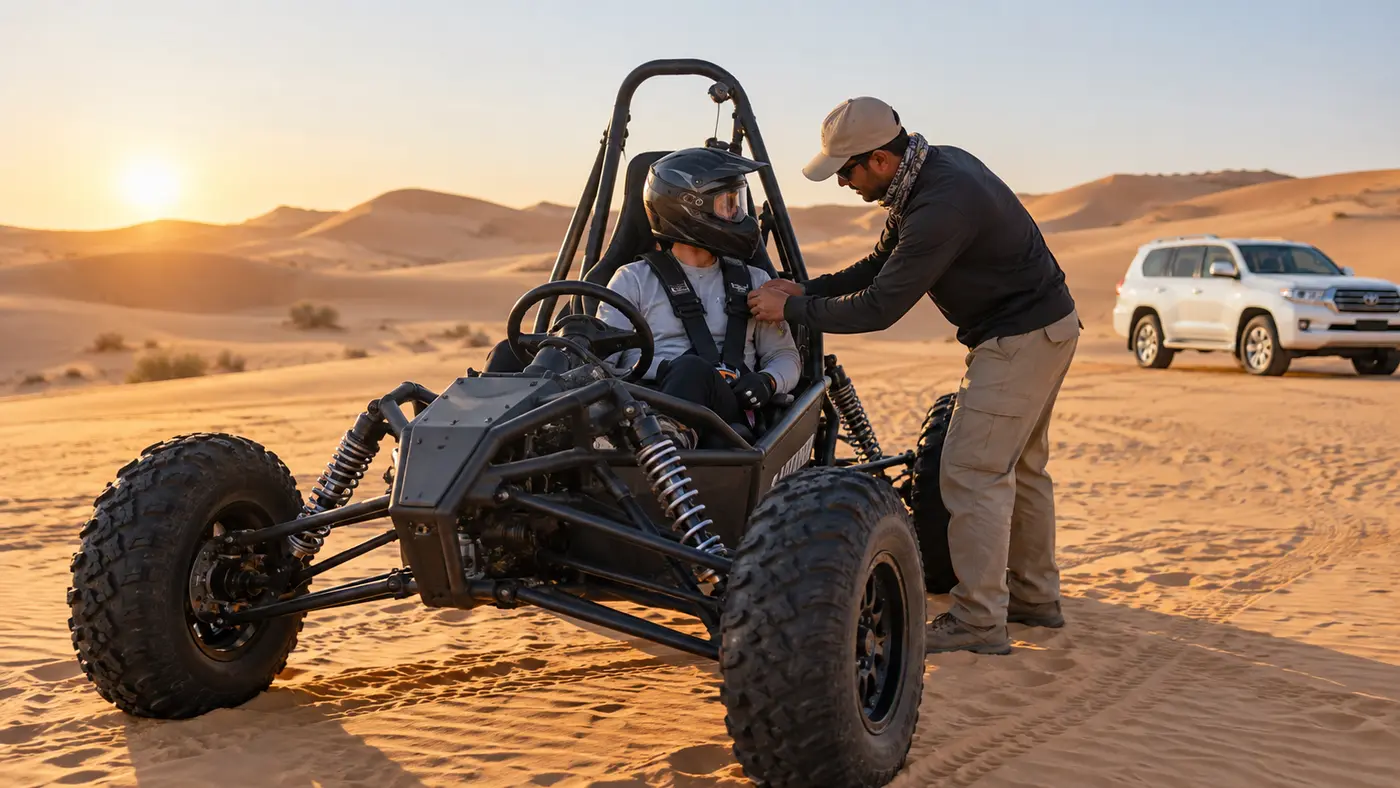 Solo guest receiving a safety briefing inside a one-seat dune buggy in the Dubai desert