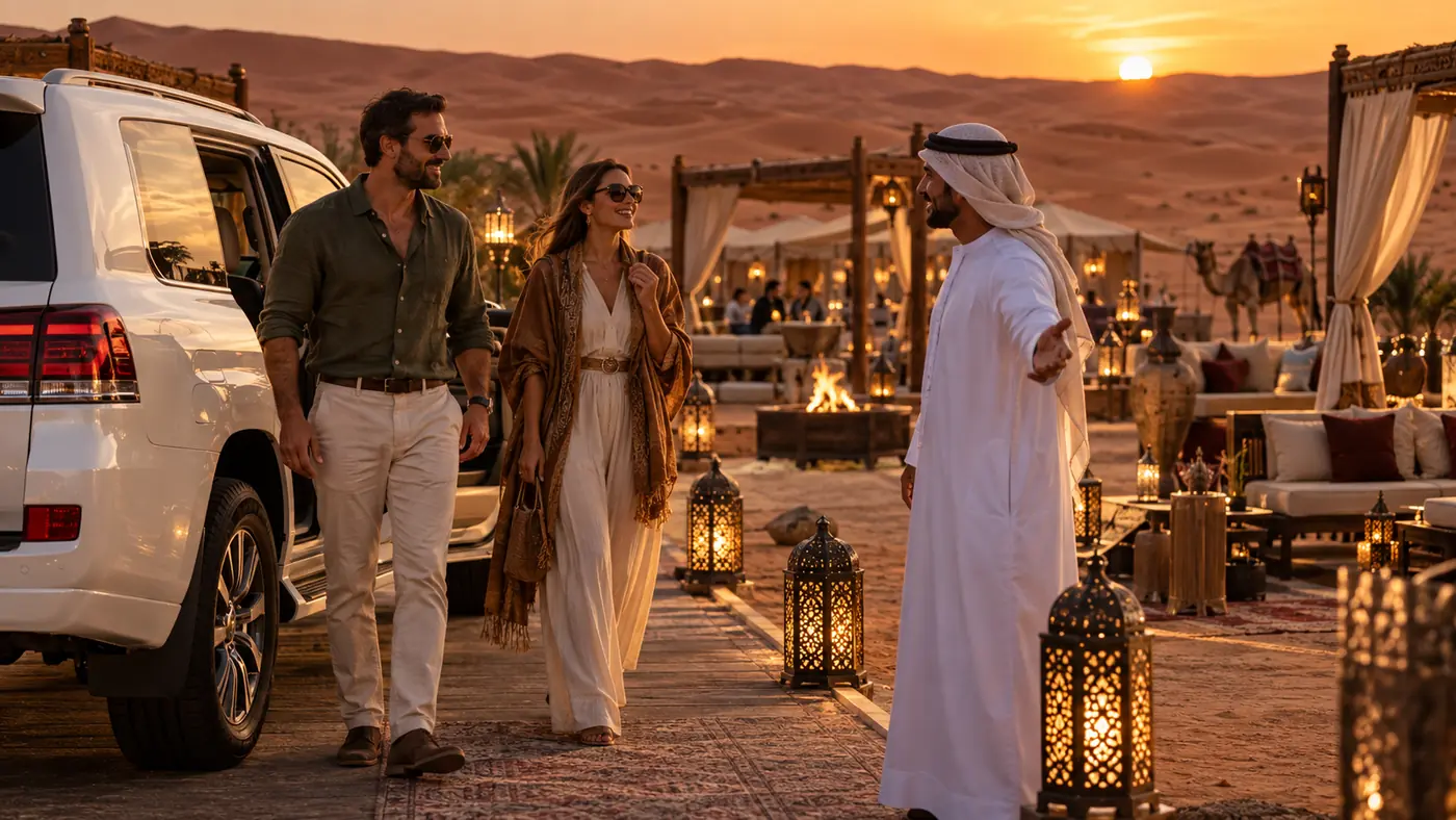 Couple arriving by premium Land Cruiser at an elegant Dubai desert camp