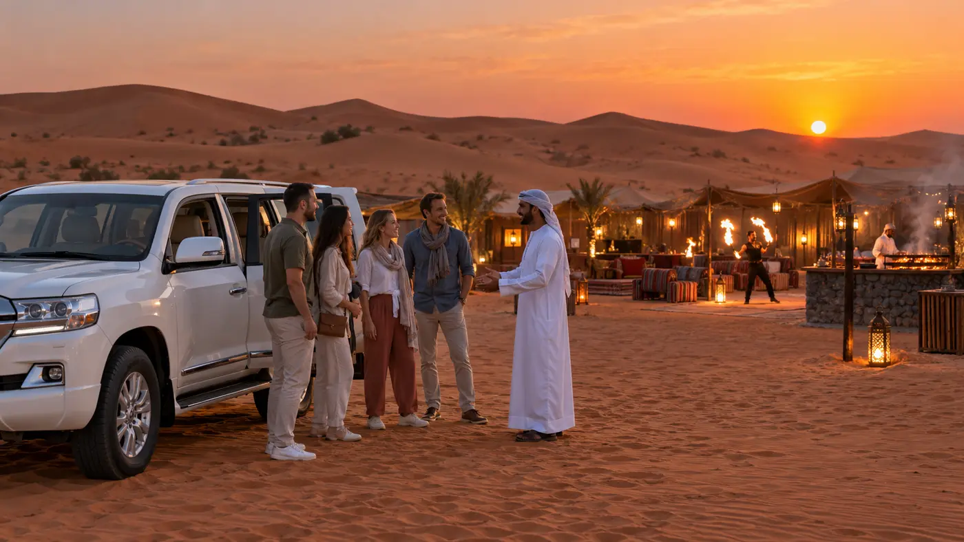 Private group arriving by Land Cruiser at a Dubai desert camp with BBQ and live fire entertainment at sunset
