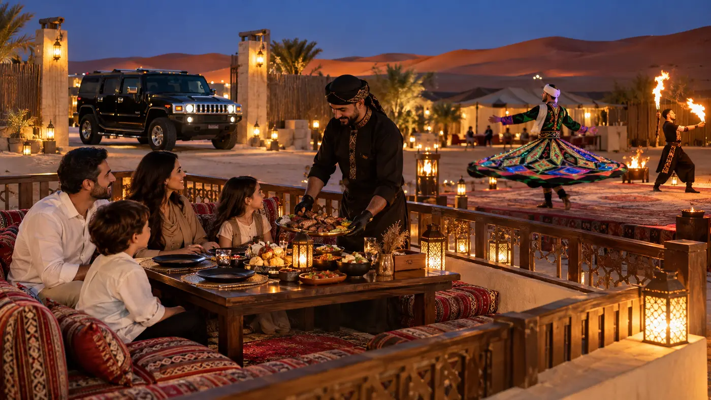 Family receiving VIP table service with a private Hummer and live shows at a Dubai desert camp