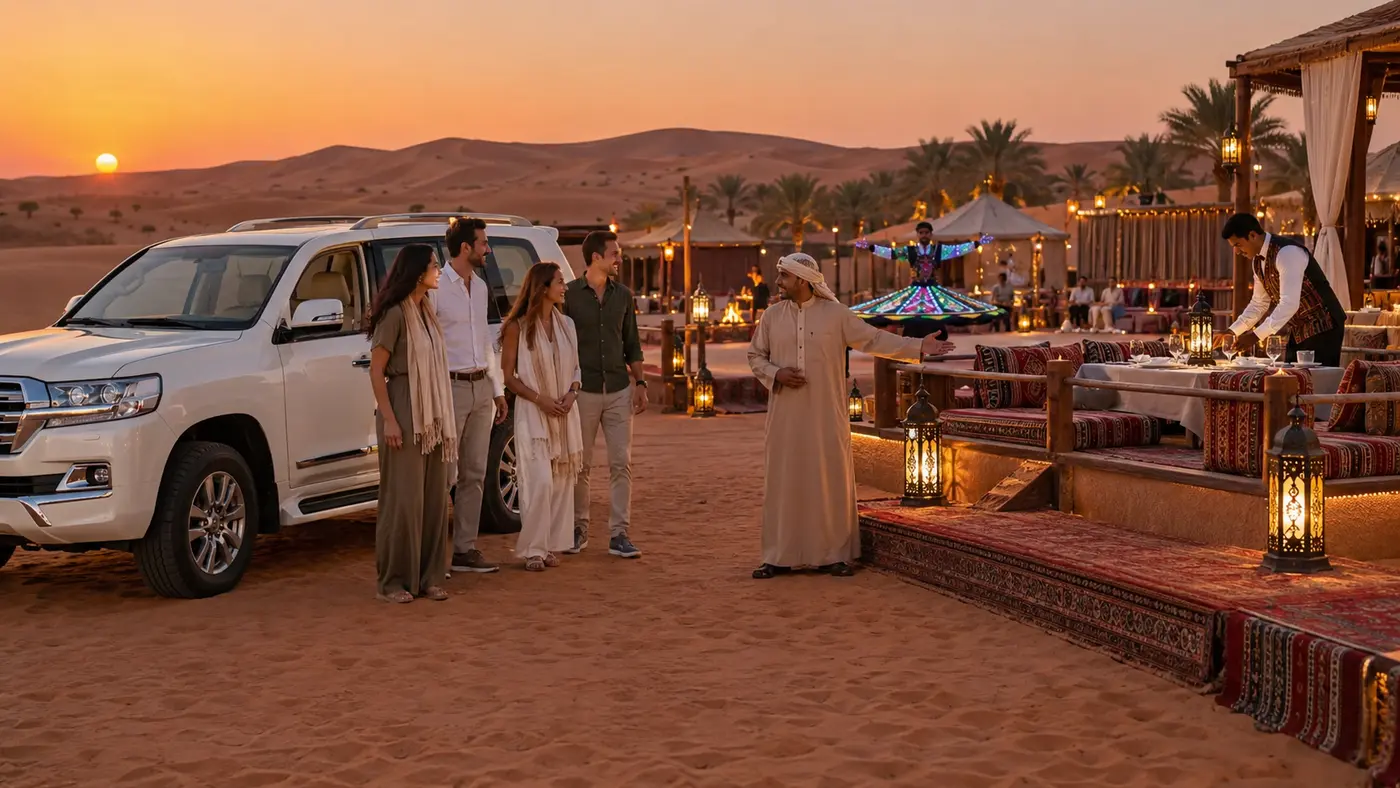 Private group arriving by Land Cruiser for VIP table service and a Tanoura show at a Dubai desert camp