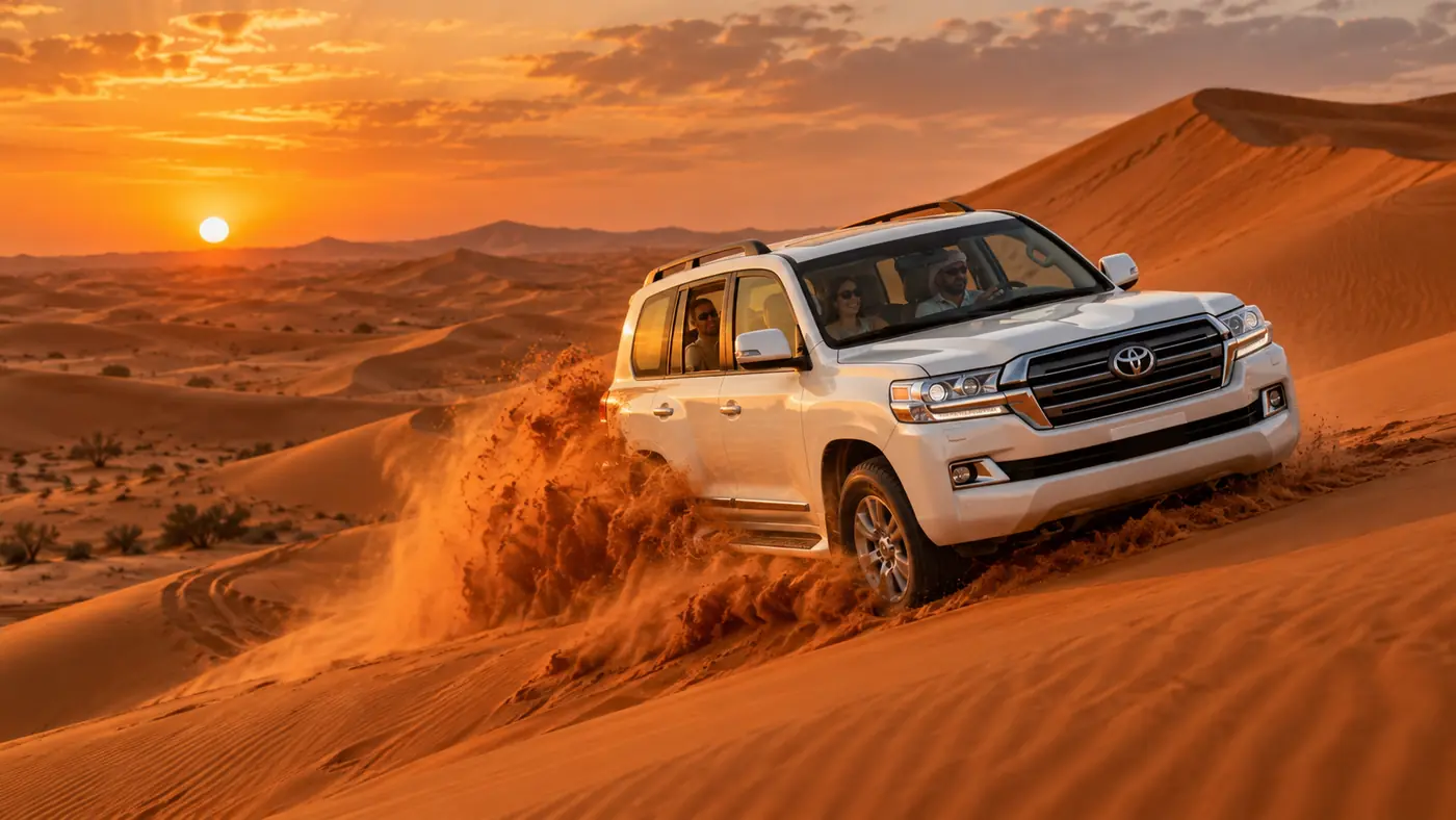 Land Cruiser dune bashing across high red dunes at sunset in Dubai