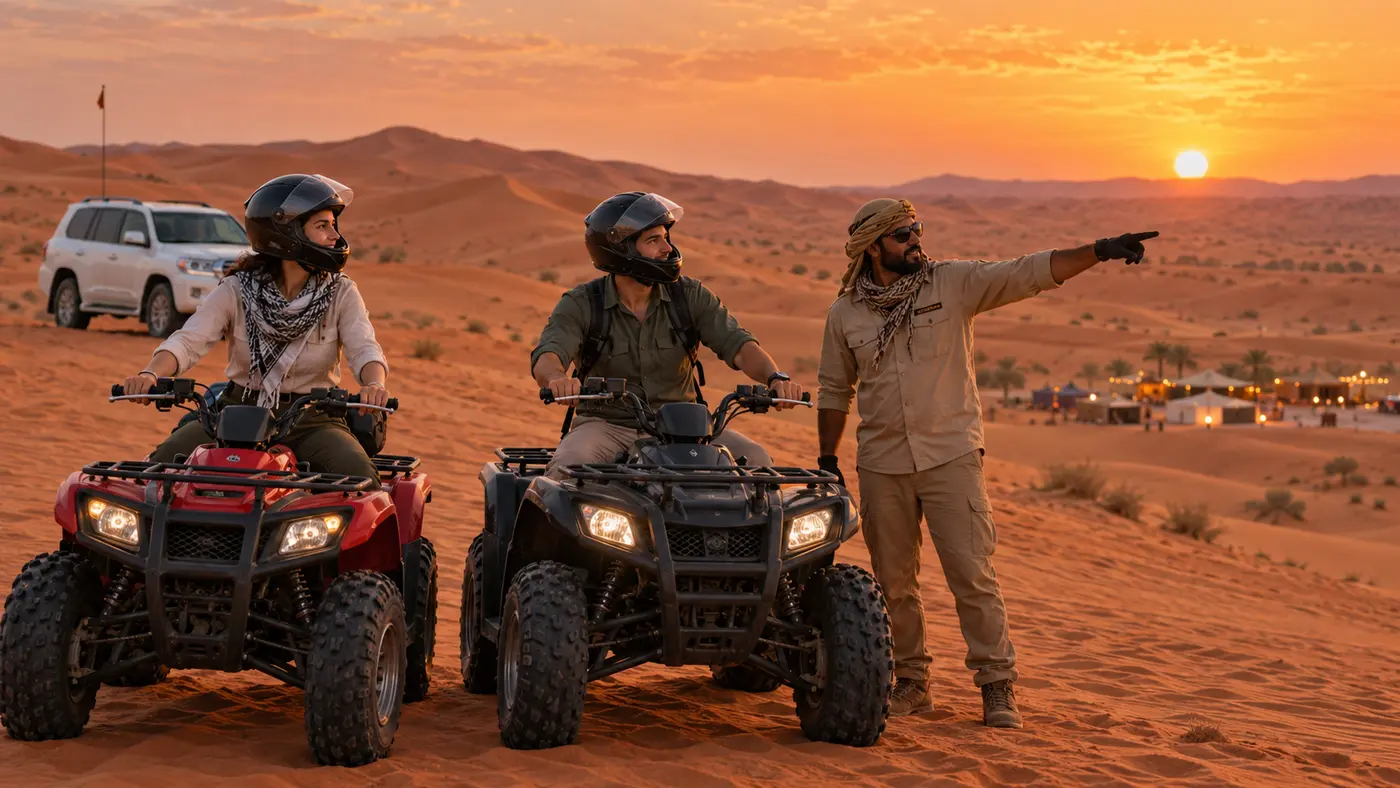 Two helmeted guests receiving quad-bike route guidance in the Dubai red dunes at sunset