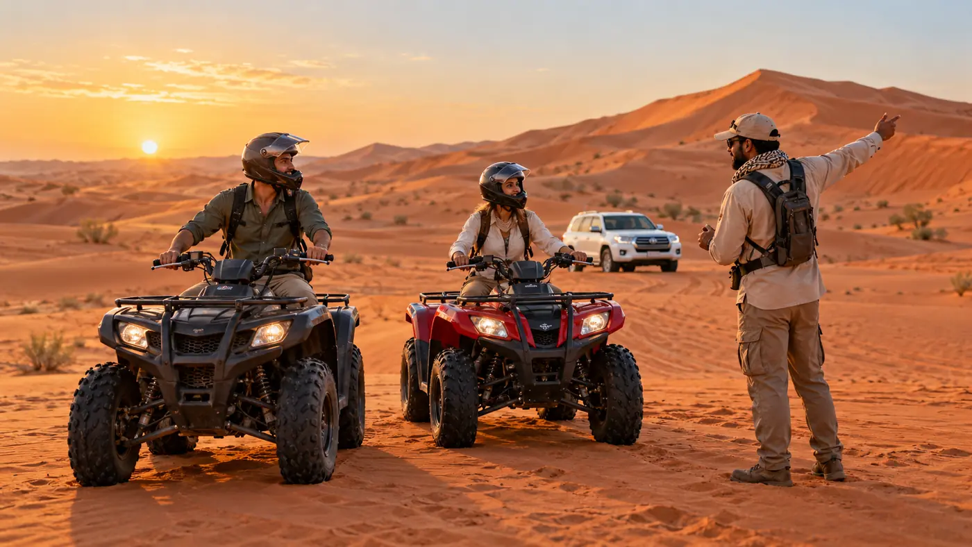 Couple receiving quad-bike route guidance among the Lahbab red dunes during a Dubai morning safari