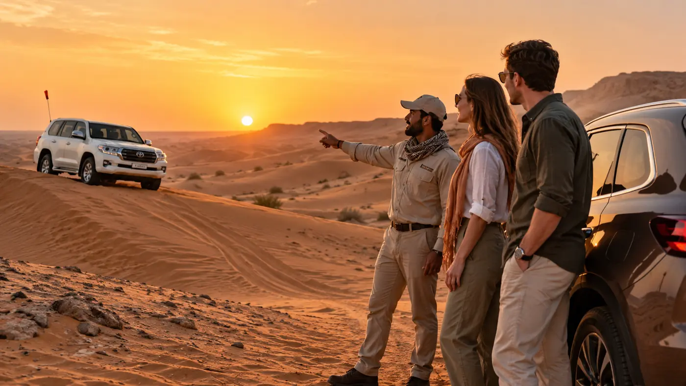 Tourists meeting their safari guide beside a private car and Land Cruiser in the Dubai desert