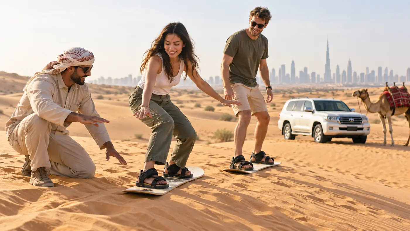 Guests enjoying sandboarding and camel riding beside a shared Land Cruiser on a Dubai morning safari