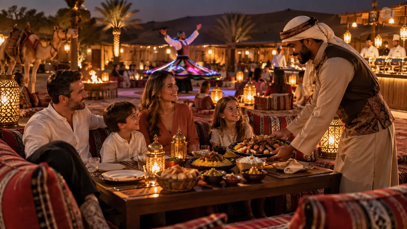 Family enjoying VIP table-service dinner and a Tanoura show at a Dubai desert camp