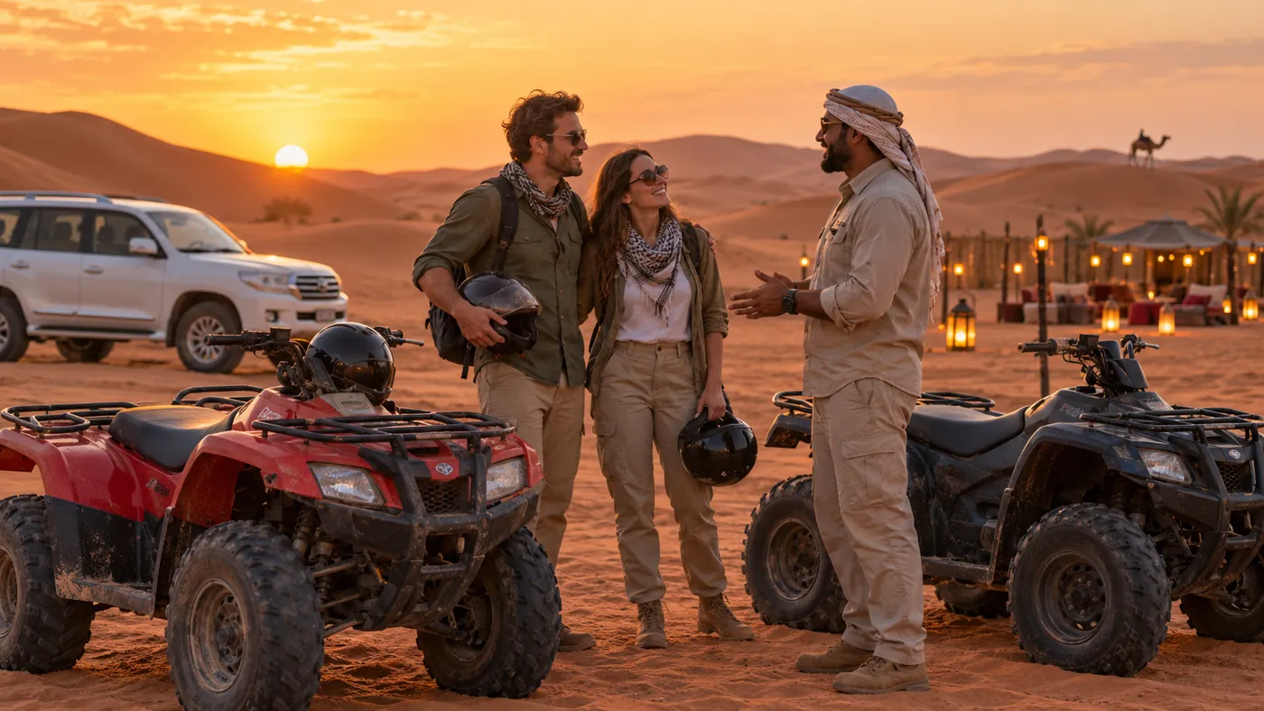 Guided Dubai desert quad bike experience in sunset light