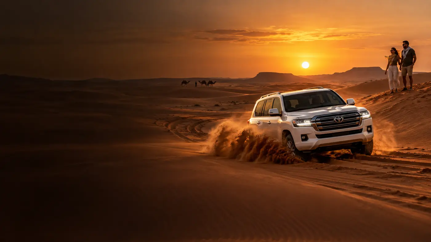 Land Cruiser driving across Dubai desert dunes at sunset