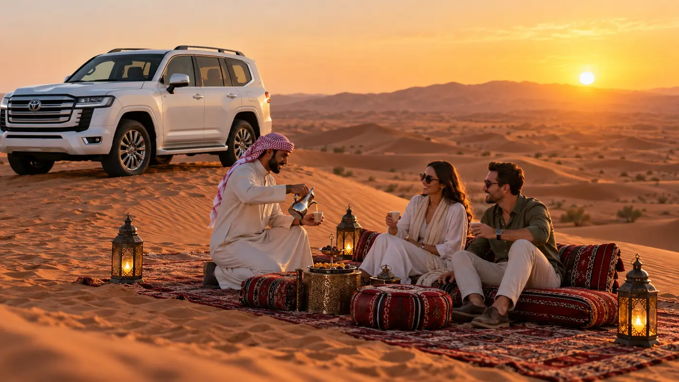 Guests sharing a luxury sunset meal on cushions in the Dubai desert