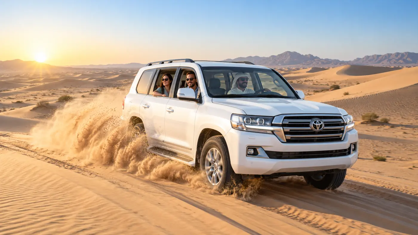 White Land Cruiser driving through golden dunes during a Dubai morning desert safari
