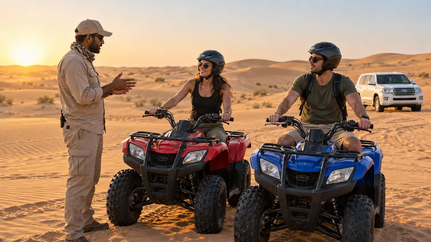 Couple wearing helmets during a quad-bike safety briefing in the Dubai desert