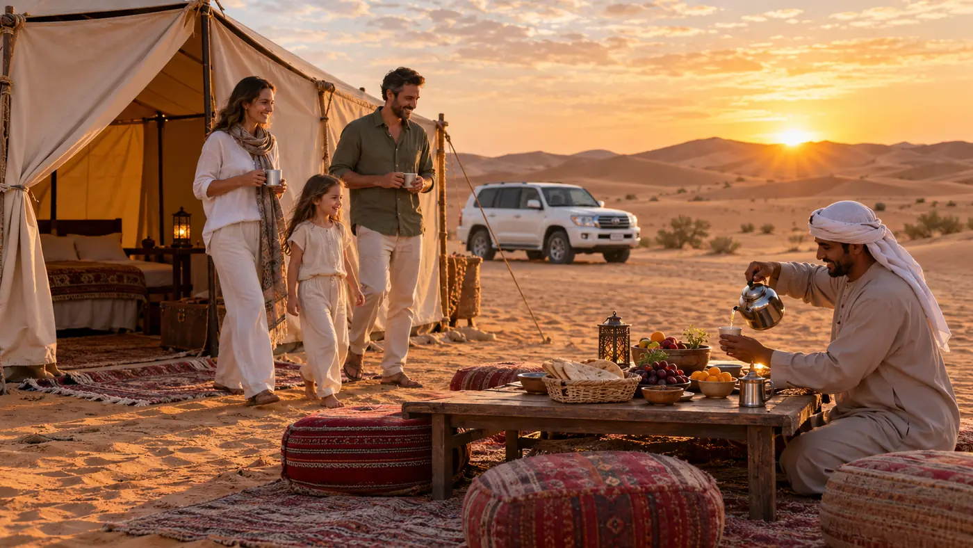 Guests enjoying sunrise beside a tent during an overnight desert safari in Dubai