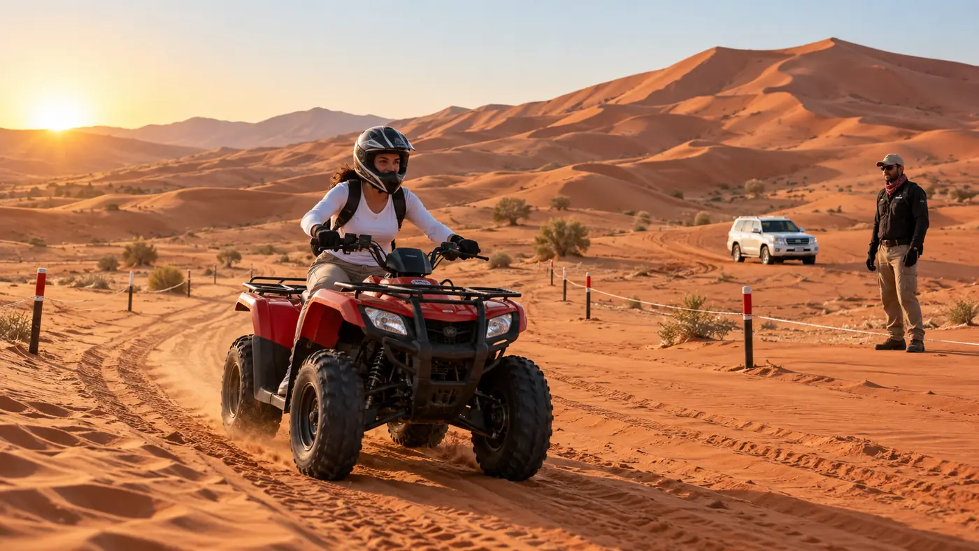 Helmeted rider on a quad bike with a guide and Land Cruiser in the Dubai red dunes