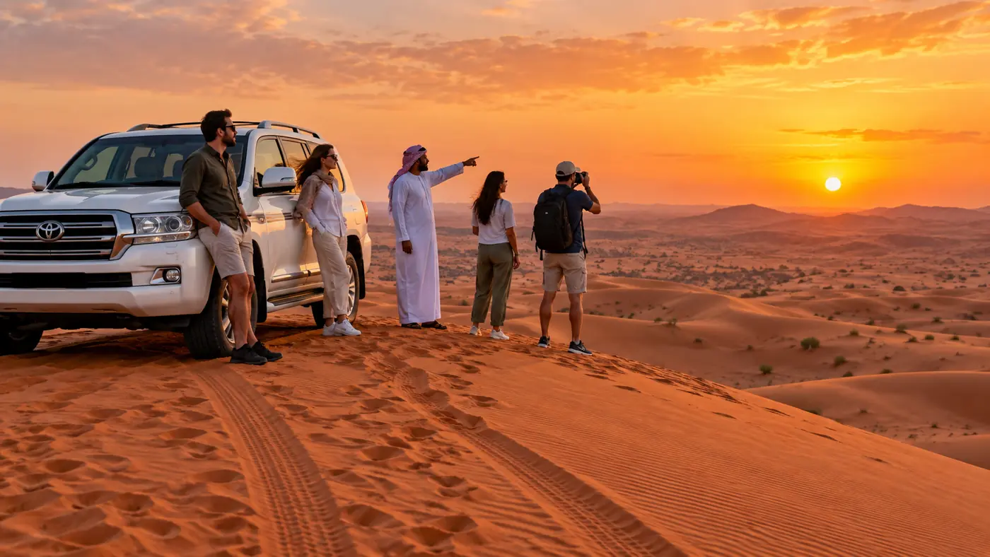 Safari guests beside a Land Cruiser during a sunset photo stop in the Lahbab red dunes