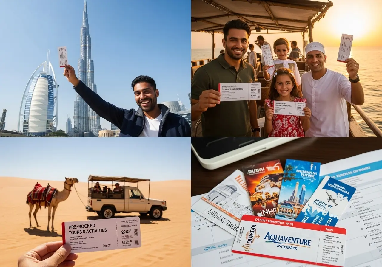 A collage of four images depicting different experiences with Dubai Tours and Activities Tickets, including a Burj Khalifa ticket and a desert safari ticket.