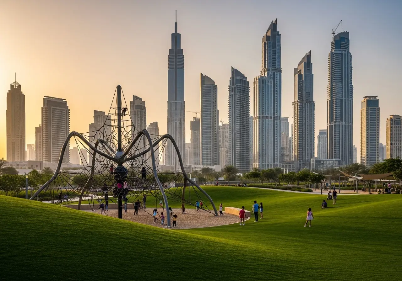 Children playing on the famous spider-web climbing frame at JLT Park, with the stunning Jumeirah Lakes Towers skyline in the background.