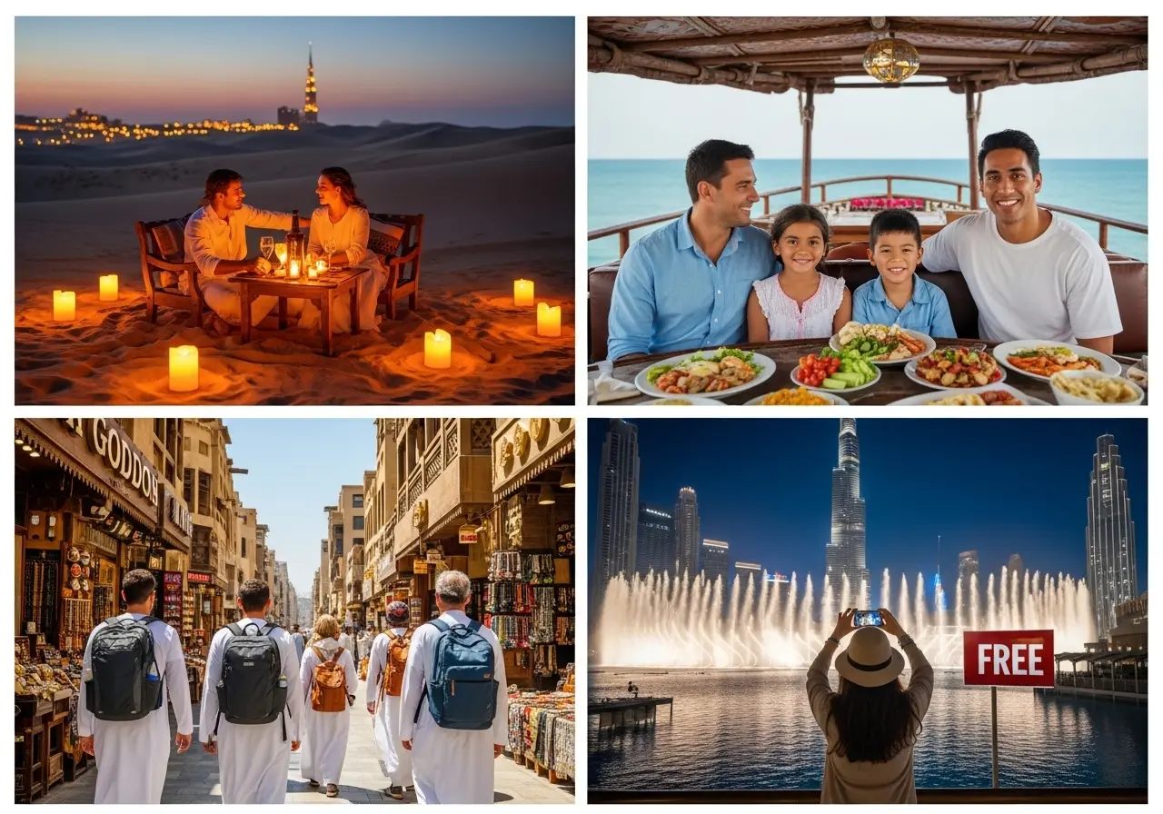 A collage of four images depicting different Trips to Dubai, from a luxury desert dinner to a free fountain show.