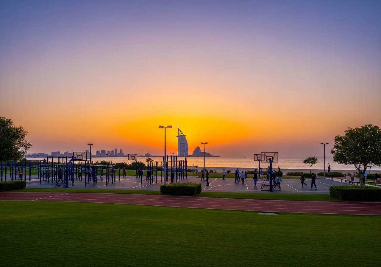 A scenic view of Sufouh Park at sunset, showing the running track and basketball court with the famous secret beach and Burj Al Arab in the background.