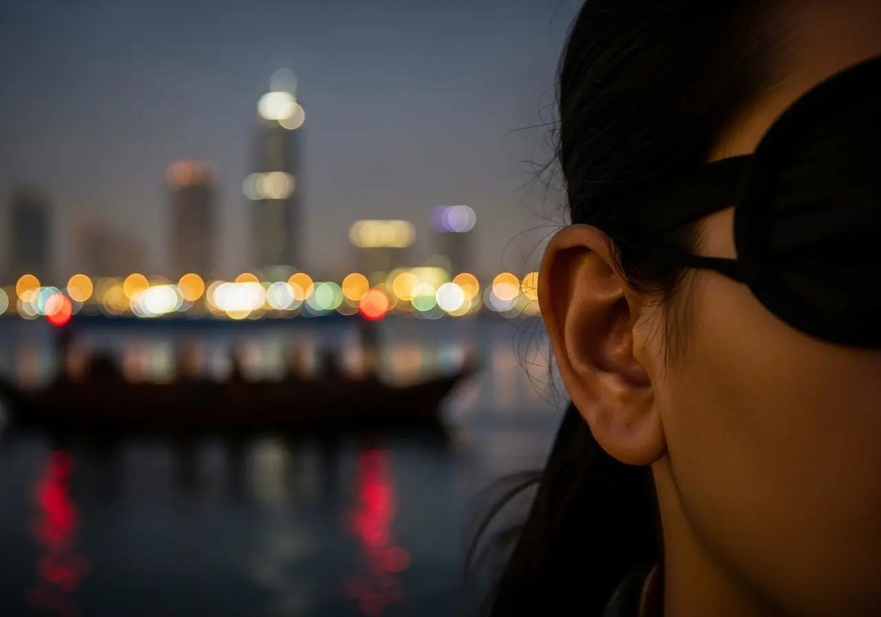 A person on a Dubai blackout tour experiencing the city through sound.