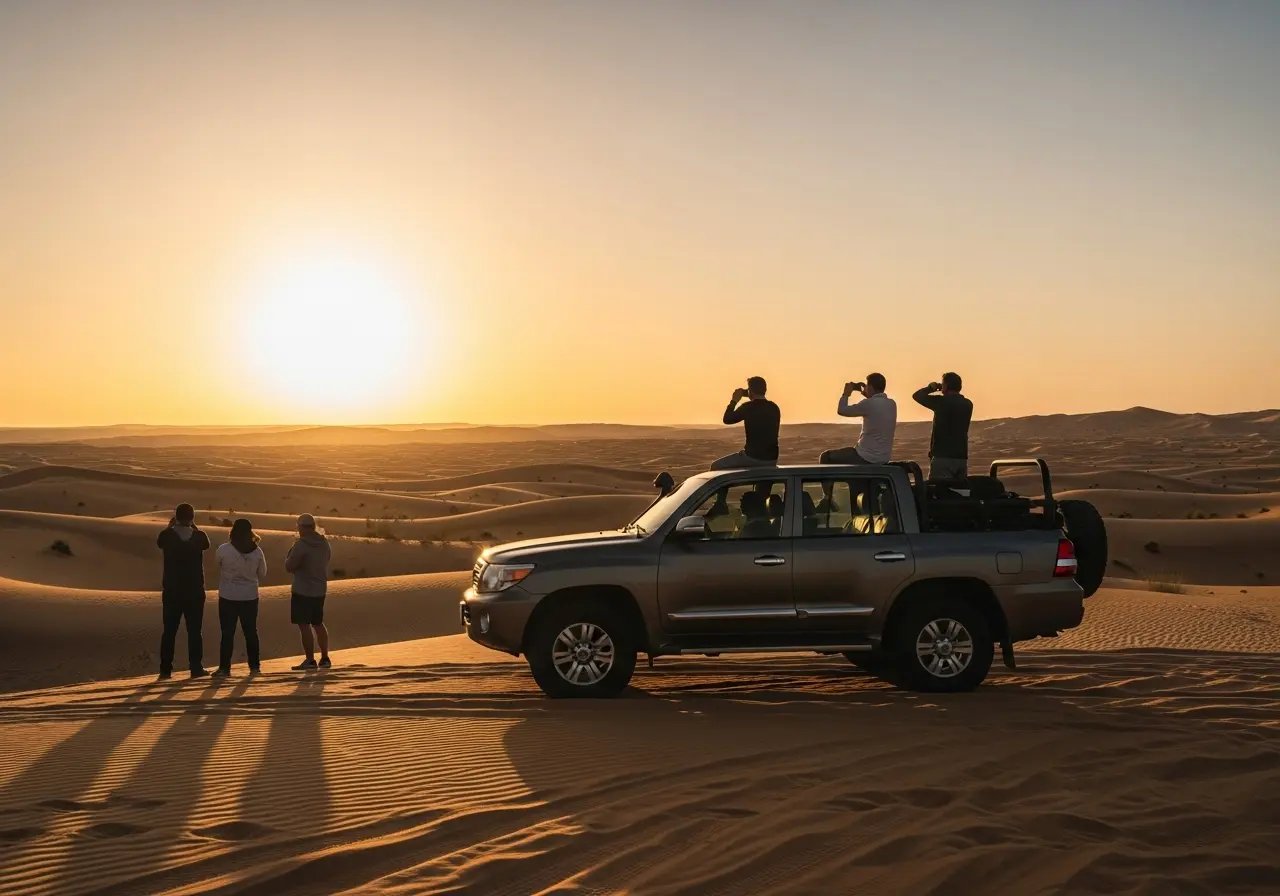 A breathtaking image of a family watching the sunset during a 2025 Private Half Day Desert Safari