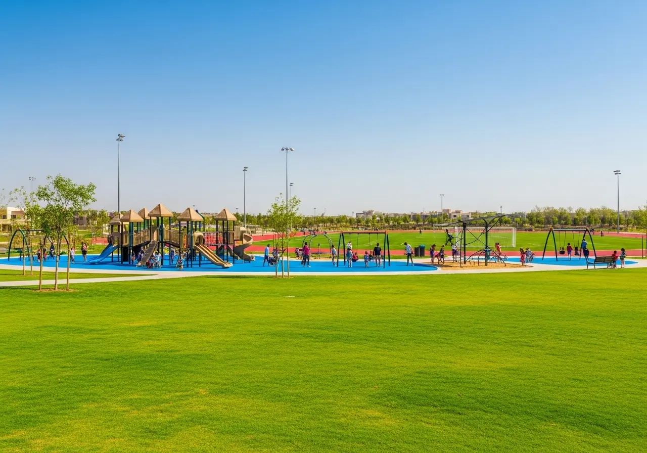 Families and children enjoying the expansive green lawns and modern playgrounds at the beautiful Nad Shamma Park in Dubai.
