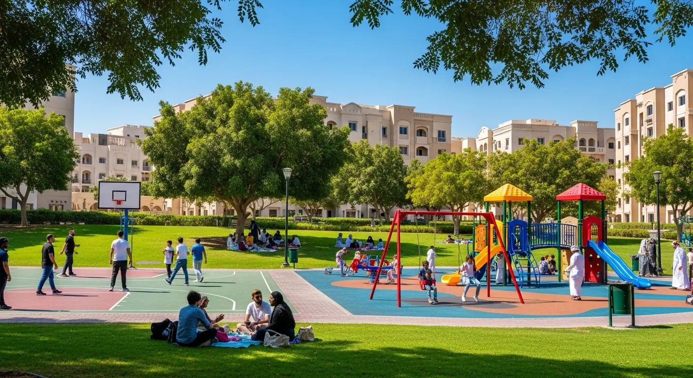 Families and friends enjoying a beautiful day at the lively Al Muteena Park in Deira, Dubai, with its popular basketball court and playgrounds.