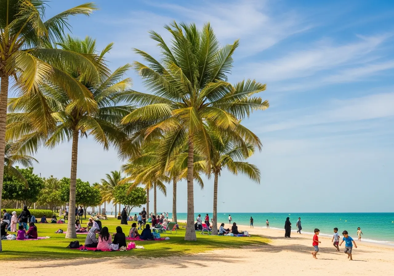 Al Mamzar Beach Park with pristine beaches and lush green spaces.