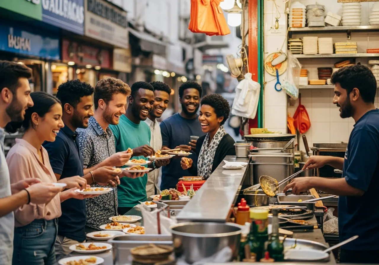 A group of travelers enjoying a Dubai street food tour with a local guide.
