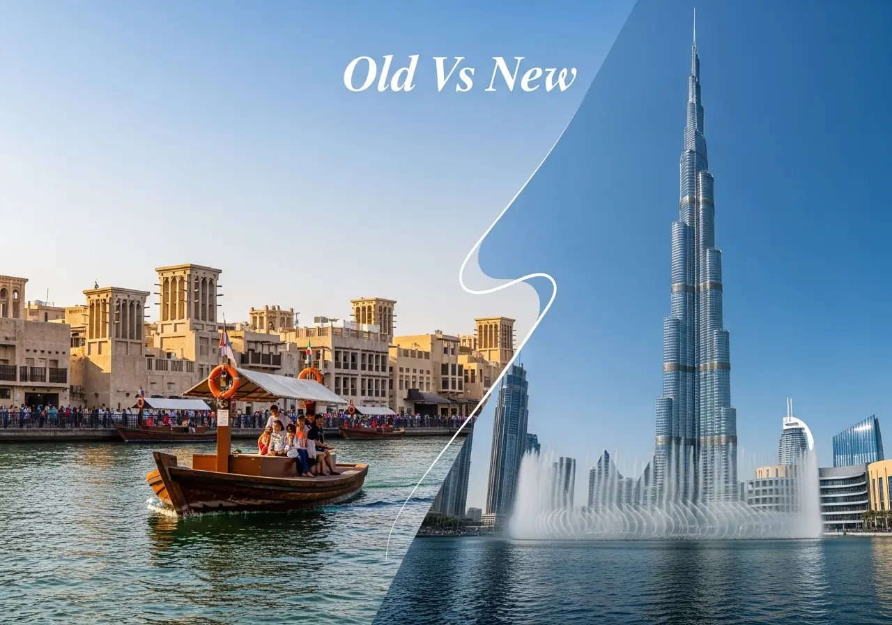 A split image showing the options for a customizable half day Dubai tour between Old and New Dubai.